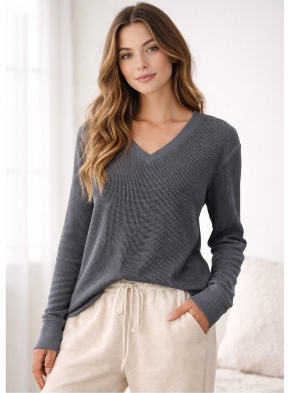 PACT THERMAL WAFFLE  Long Sleeve‎ V-neck Tunic  T-shirt  Medium Cotton Gorpcore